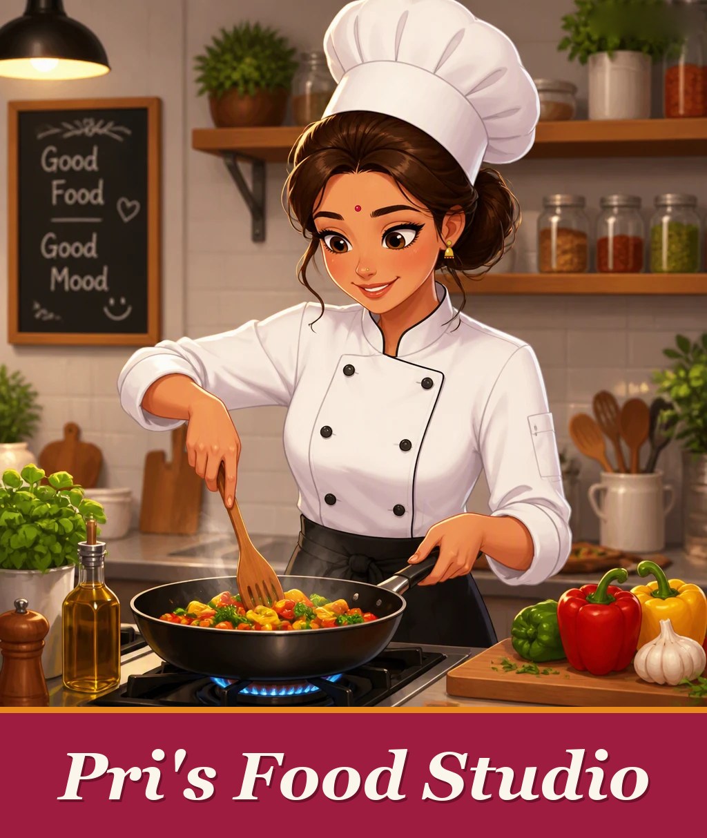 Pri's Food Studio – Pri cooking in her kitchen